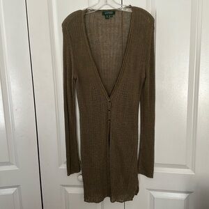 Lauren Ralph Lauren 100% linen olive green long, quiet luxury, light cardigan, M